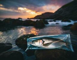 ai generado pescado en un el plastico bolsa.ai generado foto