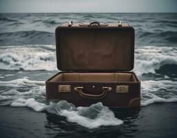 AI generated Empty suitcase on the seashore. AI generated photo