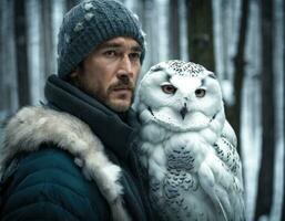 AI generated Portrait of a man with an owl. AI generated photo