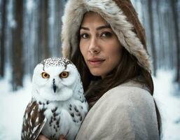 AI generated Portrait of a woman with an owl.AI generated photo