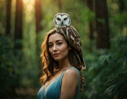 AI generated Portrait of a young woman with an owl.AI generated photo