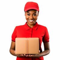 AI generated Afro-american delivery woman holding a cardboard box. Isolated photo ready to use. AI Generated