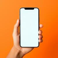 AI generated Mockup of hand holding smartphone with blank screen. Colorful orange square photo with copy space. AI generated.