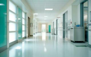 AI generated Blurred interior of hospital hall. Abstract medical banner with empty space for text.  AI Generated. photo