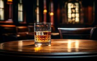AI generated Glass of fresh and cold whiskey over nice wooden table at bar with sunlight from window. Still life photo of whiskey for product presentation with copy space. AI Generated