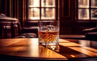 AI generated Glass of fresh and cold whiskey over nice wooden table at bar with sunlight from window. Still life photo of whiskey for product presentation with copy space. AI Generated