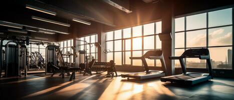 ai generado todavía vida foto de interior moderno aptitud centrar gimnasio con un rutina de ejercicio habitación. vacío espacio para texto. ai generado.