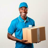 AI generated Afro-american delivery man holding a cardboard box. Isolated photo ready to use. AI Generated