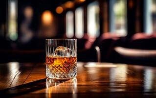 AI generated Glass of fresh and cold whiskey over nice wooden table at bar with sunlight from window. Still life photo of whiskey for product presentation with copy space. AI Generated