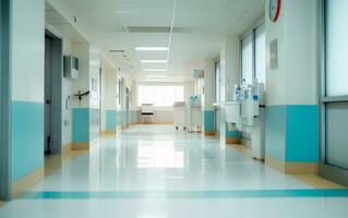 AI generated Blurred interior of hospital hall. Abstract medical banner with empty space for text.  AI Generated. photo