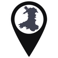 Black Pointer or pin location with Wales map inside. Map of Wales png