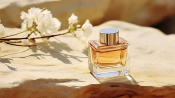 AI generated Generative AI, Bottle of beige perfume on a beige natural stone background. Glass flask with fragrance packaging design mock up photo