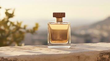 AI generated Generative AI, Bottle of beige perfume on a beige natural stone background. Glass flask with fragrance packaging design mock up photo