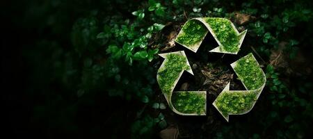 AI generated Generative AI, A recycling green sign made of wood and leaves, zero waste, reuse concept. photo