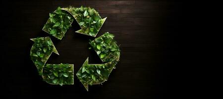 AI generated Generative AI, A recycling green sign made of wood and leaves, zero waste, reuse concept. photo