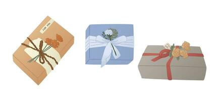 Set of elegant decorated modern gift boxes for holidays. Gifts for birthday, valentines day, anniversary. Wrapped gift boxes with ribbon and flowers. Ideal for sticker vector