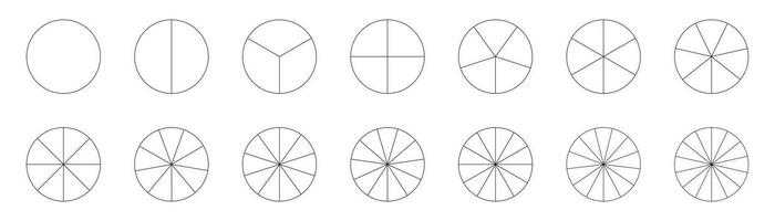 Segmented charts. Pizza chart template. Diagram wheel parts. Collection of pie charts. Many number of sectors divide the circle on equal parts. Set of segments infographic. Outline black thin graphics vector