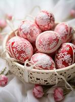 AI generated red dyed easter eggs in basket with greenery, photo