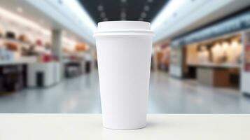 AI generated paper coffee cup with blank front, realistic on a mockup template in a luxury store, photo