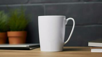 AI generated Cup with blank front, realistic on a mockup template in a desk in a modern office, photo