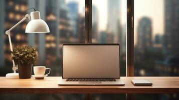 AI generated laptop with blank front, realistic on a mockup template in a table in a luxury office, photo