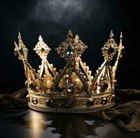 AI generated gold crown with golden glitter, on black background, photo