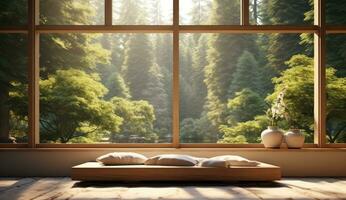 ai generado un grande ventana con arboles en el antecedentes meditación foto