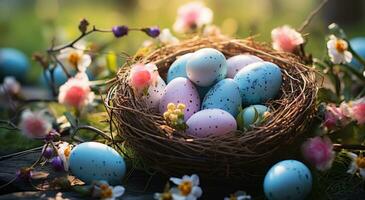 ai generado un cesta lleno con Pascua de Resurrección huevos con flores en el césped, foto