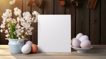 AI generated White greeting card with blank front, realistic on a mockup template in a wooden table in a easter luxuty background in home inside, photo