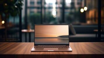 AI generated laptop with blank front, realistic on a mockup template in a table in a luxury office, photo