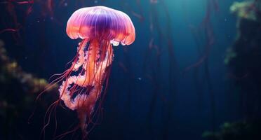 AI generated a pink jellyfish swims along in the water, photo
