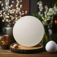 AI generated White circle greeting card with blank front, realistic on a mockup template in a wooden table in a easter luxuty background in home inside, photo