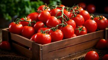 ai generado un de madera caja lleno de Tomates en el jardín, foto