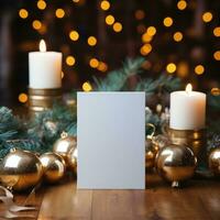 AI generated White greeting card with blank front, realistic on a mockup template in a wooden table in a christmas luxuty background in home inside, photo