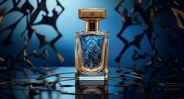 ai generado un botella de perfume en un azul antecedentes con oro y negro, foto