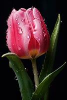 AI generated pink tulip with drips of water on grey background, photo
