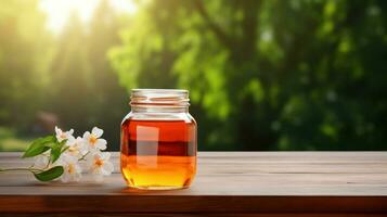 AI generated jar of honey with blank front realistic on a mockup template in a wooden table in a summer garden with bee, photo