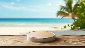 AI generated Cosmetic product with blank front, realistic on a mockup template in a sand in a tropical beach photo