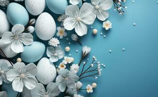 ai generado un azul antecedentes rodea Pascua de Resurrección huevos y flores, foto