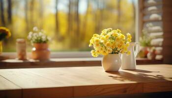 AI generated wooden table in front of wood kitchen with green vase photo