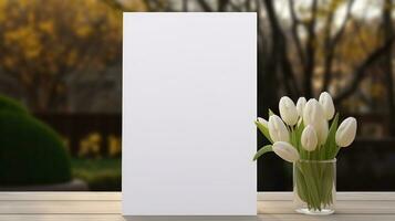 AI generated White greeting card with blank front, realistic on a mockup template in a wooden table in a easter luxuty background in home inside, photo