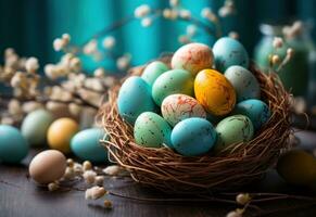 ai generado vistoso mimbre cesta con Pascua de Resurrección huevos dentro para Pascua de primavera foto