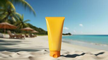 AI generated yellow cosmetic sunscreen with blank front, photo