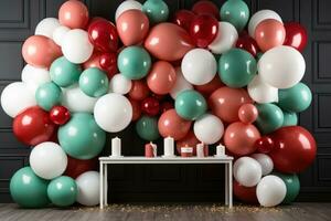 AI generated simple yet stylish balloon backdrop in shades of red, green, and white photo