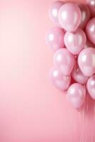 AI generated minimalist wallpaper, balloons, large copyspace area, pastel pink background, offcenter composition photo