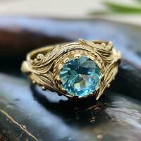 AI generated a round blue topaz ring with feathers photo