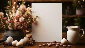 AI generated White greeting card with blank front, realistic on a mockup template in a wooden table in a christmas luxuty background in home inside, photo