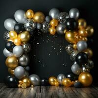 AI generated new year with this vibrant backdrop featuring metallic gold and silver balloons against a black photo