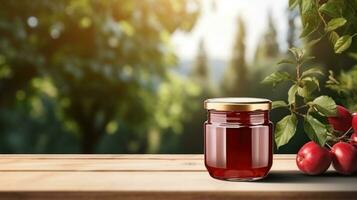 AI generated jar of appple jam with blank front realistic on a mockup template in a wooden table in a summer garden photo