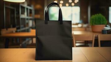 AI generated Vintage plain eco bag with black handle realistic on a mockup template in a table in a luxury home, photo